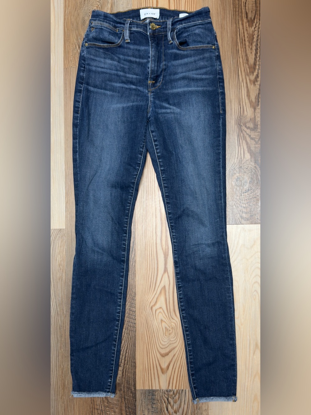 FRAME Denim Skinny Jeans Women's Size 27 Dark Wash Raw Frayed Hem High Rise
